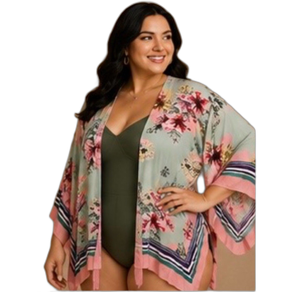 Express Mint Floral Open Kimono with Pink Accents NWOT - swimsuit cover up
